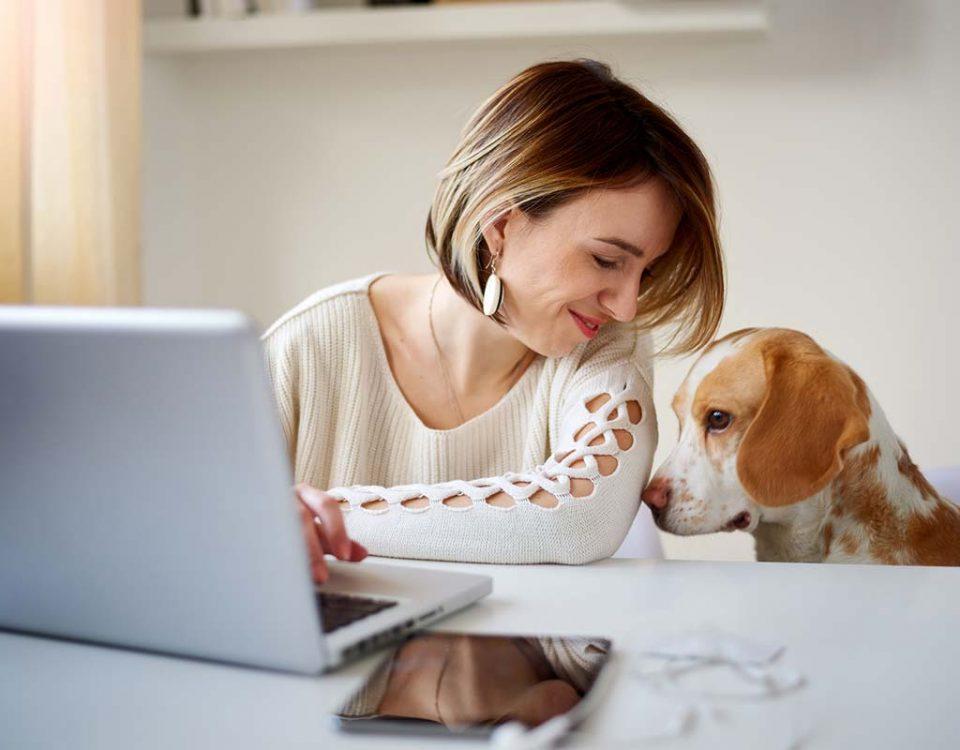 Frau mit Hund am PC